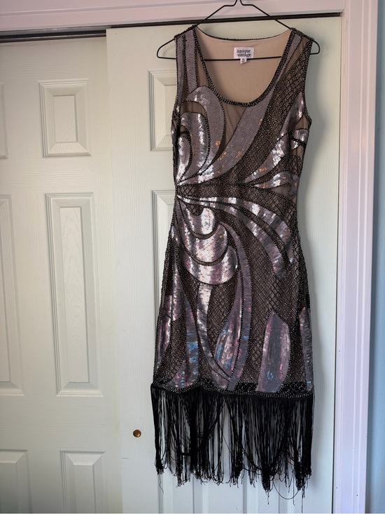 Unique Vintage Dresses & Skirts - Unique Vintage Silver and Black Sequin Fringe Mini Dress